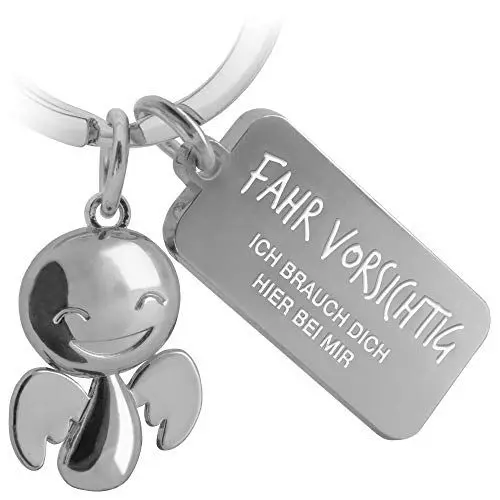Produktbild: FABACH Schutzengel Schlüsselanhänger Happy mit Gravur - Niedlicher Auto Schlüsselanhänger mit Botschaft aus Metall für Autofahrer - Geschenk Glücksbringer Auto Führerschein - Fahr vorsichtig, Silber