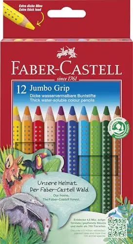 Produktbild: Faber-Castell 110912 Jumbo Grip Buntstifte für Kinder, 12er-Jumbo-Buntstifte-Set, Malstifte mit Grip und dreieckigem Schaft, wasserlöslichen Pigmenten, leicht auswaschbar und bruchsicher, Schulsachen