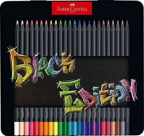 Produktbild: Faber-Castell 116425 Black Edition Buntstifte 24er Metallbox, Lebendige Buntstifte, Bruchsichere Kunststifte mit ergonomischem Griff, Malstifte für helles und dunkles Papier
