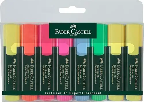 Produktbild: FABER-CASTELL 154862 - Textmarker TEXTLINER 48 Promo, 1 - 5 mm, 8er Etui, Inhalt: 3x gelb, je 1x grün, orange, rosa, blau, rot