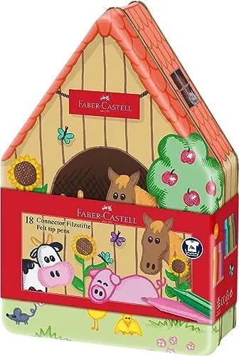 Produktbild: FABER-CASTELL 155539 - Filzstifte Set Connector Bauernhof, 18er Metallbox, auswaschbar, Malset für Kinder