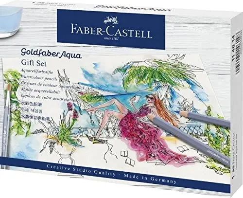 Produktbild: Faber-Castell 114614 - Goldfaber Aqua Aquarellfarbstift Geschenkset, 12 Farbstifte inklusive Fineliner, Bleistift, Aquarellblock, Spitzer, Radierer und Aquarellpinsel