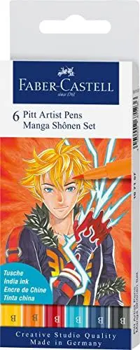 Produktbild: Faber-Castell 167157 Tuschestifte Shônen Set, Etui mit 6 Pinselstiften in Verschiedenen Farben, Geeignet für Präzises Zeichnen und Kreative Manga-Kunstwerke