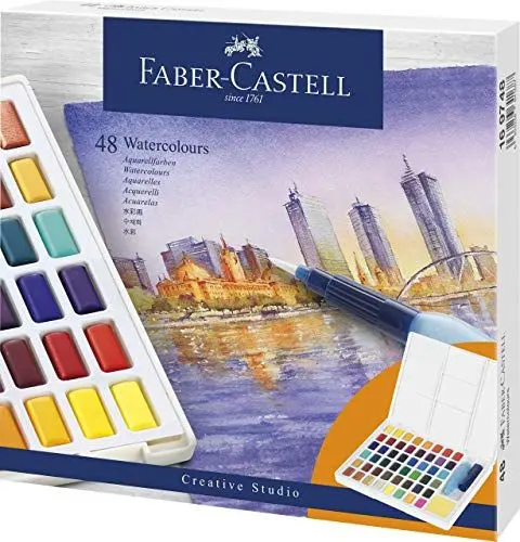 Produktbild: FABER-CASTELL 169748 - Aquarellfarben in Näpfchen, mit Mischpalette und Wassertankpinsel, 48er Etui