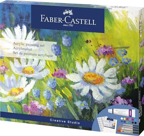 Produktbild: Faber-Castell 379280 - Acrylfarben Set 18-teilig, mit 12 Acrylfarben, Leinwand 20 x 25 cm, Mischpalette und 4 Pinsel