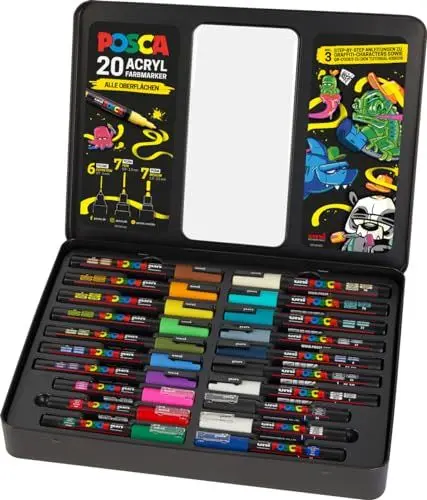 Produktbild: POSCA 186830 - POSCA Marker Set, 20er Etui, inkl. Anleitungen für 3 Graffiti Charaktere