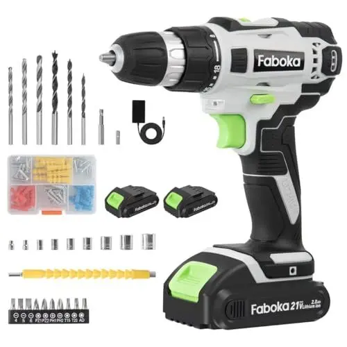 Produktbild: Faboka 21V Akkuschrauber, Bohrschrauber Kit mit 2 Akkus 2.0Ah, Akkuschrauber Klein Drehmoment 40Nm, 18+1 Drehmomentstufen, 10mm Bohrfutter, Variabler Speed, mit LED-Licht, Für Reparatur & DIY