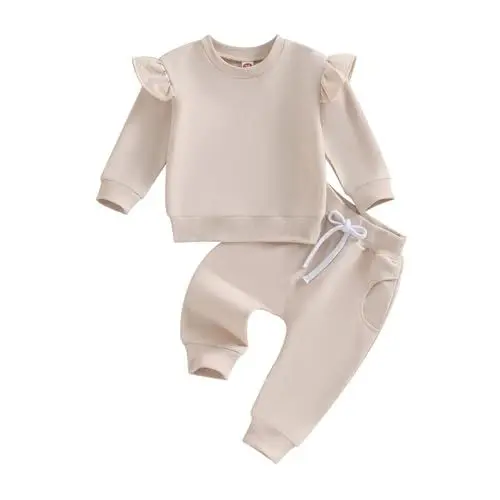 Produktbild: Fabumily Kleinkind Baby Mädchen Herbst Kleidung Einfarbig Langarm Sweatshirt Tops Casual Hosen Infant Winter Outfits 0-3T (E Beige, 18-24 Months)