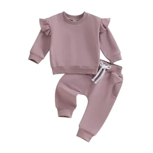 Produktbild: Fabumily Kleinkind Baby Mädchen Herbst Kleidung Einfarbig Langarm Sweatshirt Tops Casual Hosen Infant Winter Outfits 0-3T (E Purple, 12-18 Months)