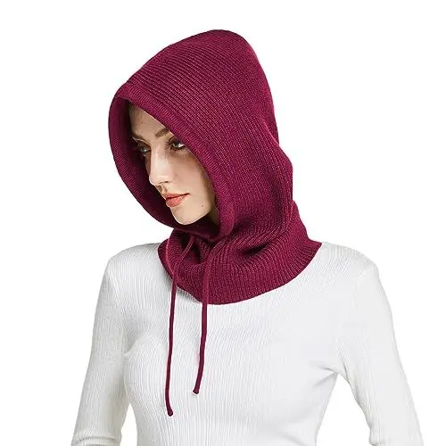 Produktbild: Facecozy Mütze Damen Winter, Strickmützen Warme Kapuzen Schal für Frauen Sturmhauben Beanie Wintermützen (Weinrot)