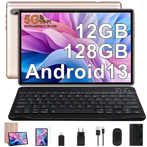 Produktbild: FACETEL 10 Zoll Android 13 Tablet PC Mit 5G WLAN Octa-Core 2.0Ghz | 12GB RAM + 128GB ROM (TF 1TB) | Doppelkamera | 6000mAh | Bluetooth 5.0, Mit Tastatur und Maus - Roségold