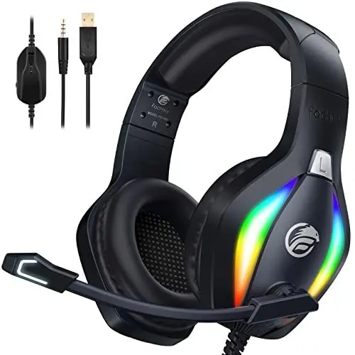 Produktbild: Fachixy 「2024 New」 FC100 Gaming Headset für PS4/PS5/PC/Xbox/Nintendo Switch, PS4 Kopfhörer mit USB Jack und RGB Licht, Stereo Surround Kopfhörer mit Mikrofon, Gamer Headphones - SCHWARZ