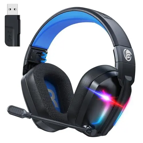 Produktbild: Fachixy FC300 Wireless Gaming Headset Für PC, PS5, PS4, Mac - Verlustfrei USB Schnittstelle 2.4GHz & Bluetooth - Bluetooth Headset Mit Mikrofon, Geringe Latenz, 40H+ Akkulaufzeit, Coole RGB, Blau