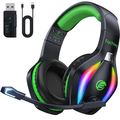 Produktbild: Fachixy「2025 Neu」FC100 Wireless Gaming Headset - 2.4GHz & Bluetooth Kopfhörer mit Mikrofon - 3D Stereo Sound & 40H+ Akkulaufzeit - Für PS4, PS5, PC, Mac, Tablets, Switch, Smartphones, schwarz-grün