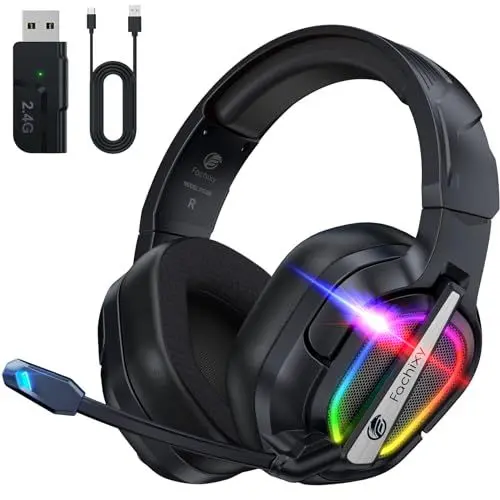 Produktbild: Fachixy「2025 Neu」FC200 Wireless Gaming Headset - 2.4GHz & Bluetooth Kopfhörer mit Mikrofon - 3D Stereo Sound & 40H+ Akkulaufzeit - Für PS4, PS5, PC, Mac, Tablets, Switch, Smartphones, schwarz