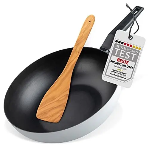 Produktbild: Fackelmann 2-tlg. Set Wokpfanne Balance 30 cm, Antihaft-Pfanne aus 90% recyceltem Aluminium mit ergonomischem Kunststoff-Griff und Pfannenwender 30 cm spülmaschinengeeignet aus Olivenholz- Amazon exclusion
