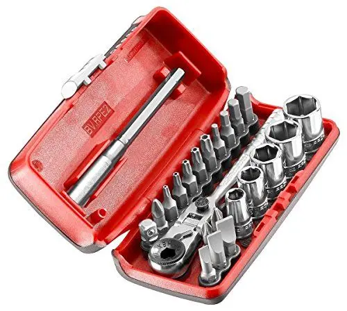 Produktbild: FACOM – Box mit 5 1/4 Zoll metrischen 6-Punkt-Steckschlüsseleinsätzen – R1PICO – 1 Ratsche, 5 Steckschlüsseleinsätze, 1 Verlängerung, 15 Bits, 1 Steckschlüsselhalter-Bit, 4 Bits für Schrauben, 1 Box