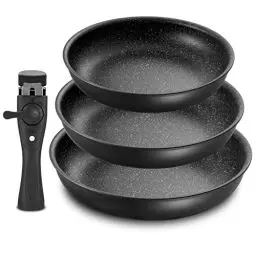 Produktbild: Fadware Pfannen-Set 4 tlg | 20+24+28 cm | Bratpfannenset mit abnehmbarem Griff | Für alle Herdarten, auch Induktion | Antihaftbeschichtung | backofenfest | leichte Reinigung | Schwarz