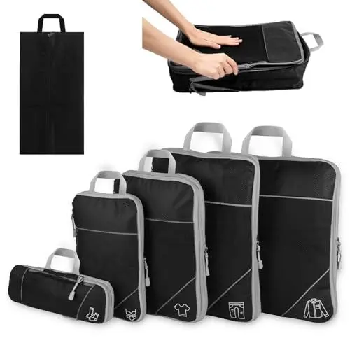 Produktbild: FAEFTY Koffer Organizer Set Kompression Packing Cubes Compression Packwürfel Koffer, Packtaschen Erweiterbar Kofferorganizer Reise Kleidertaschen für Koffer Rucksack, Gepäck (Schwarz, 6 Teilig）