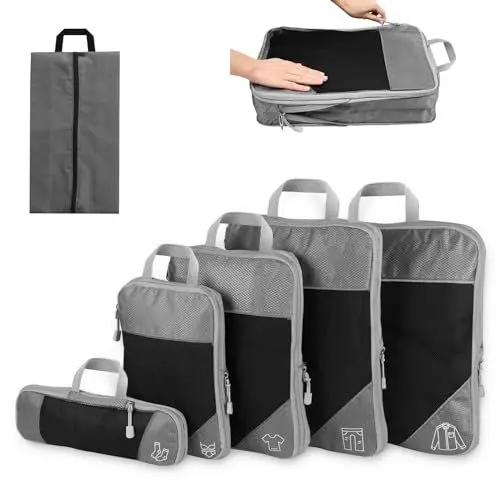 Produktbild: FAEFTY Packing Cubes Compression, Packwürfel Koffer Organizer Set Kompression 6-teilig, Packtaschen Erweiterbar Kofferorganizer Reise Kleidertaschen Verpackungswürfel für Koffer Rucksack, Grau