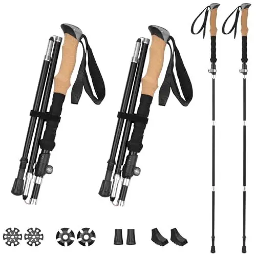 Produktbild: FAEFTY Wanderstöcke Faltbar, Nordic Walking Stöcke Damen Herren, Trekkingstöcke Faltbar Wanderstöcke Teleskop, Verstellbar, Leicht Aluminium 115-135cm mit Korkgriff und 4 Paar Gummipuffer