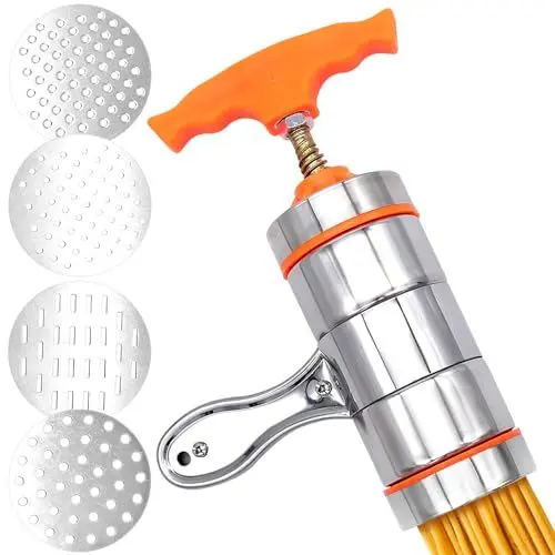 Produktbild: Fahibin Edelstahl Manuell Nudeln Maker,Mini Manueller Nudelhersteller, Manuelle Nudelmaschine Tragbare mit 4 Formen für Haushalte, Restaurants, Nudelläden
