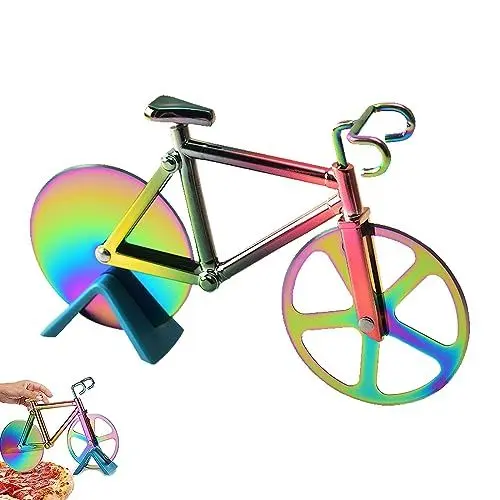 Produktbild: Fahrrad Pizzaschneider Lustig Edelstahl Radschneider Doppel Pizza Schneider mit Scharfem Schneiderad & Ständer für Küche Partys