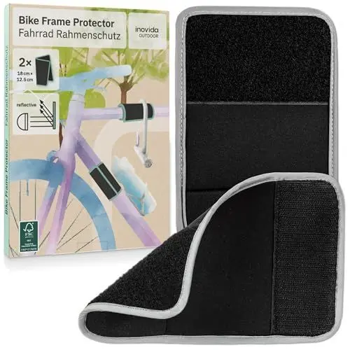 Produktbild: Fahrrad Rahmenschutz mit Reflektoren : 2x Rahmenschutz Fahrrad in 18 x 12.5cm mit Klett aus Neopren – Rahmenschutzfolie Fahrrad – Rahmenschutz Fahrradträger Zubehör – Lackschutzfolie Fahrrad – Inovida