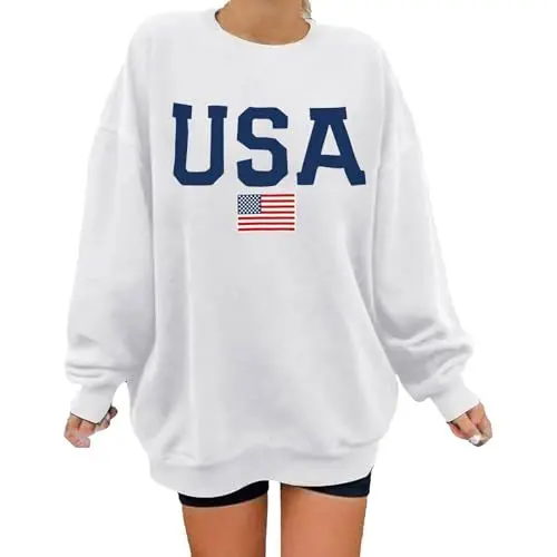 Produktbild: Fahrrad Sachen Damen Übergroßes USA-Sweatshirt für Damen, langärmelig, lässiger Pullover Thermooberteile Für Damen (White, L)