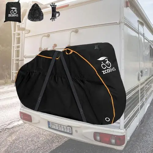Produktbild: Fahrradabdeckung für Transport auf Gepäckträger, 600D Oxford Heavy Duty Wasserdicht Fahrradabdeckung für 2 Fahrräder am hinteren Fahrradträger, Fahrradabdeckung für Transport mit Schlosslöchern