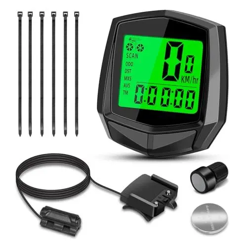 Produktbild: Fahrradcomputer, 16 Funktionen Fahrradtacho mit Kabel, Fahrrad Computers, Fahrrad Tacho, Hintergrundbeleuchtung, IP54 Wasserdicht, 1.5 Zoll HD Bildschirm, Batterie Enthalte Schwarz