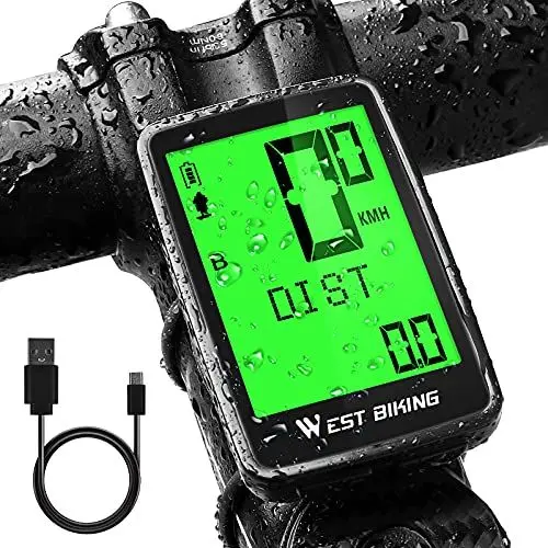 Produktbild: Fahrradcomputer USB Aufladbar, Fahrrad Kilometerzähler Tachometer Kabellos IPX7 Wasserdicht, Fahrradtacho 5 Sprachen Radcomputer mit LCD-Display Multi-Funktion, Automatisches Aufwachen