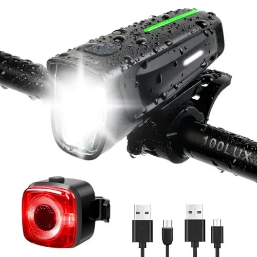 Produktbild: Fahrradlicht Set, 100Lux LED StVZO Zugelassen Fahrradlicht Vorne und Rücklicht Fahrrad, Fahrradbeleuchtung USB Aufladbar, IPX5 Wasserdicht Fahrrad Lichter, Batterie Aufforderung schwach