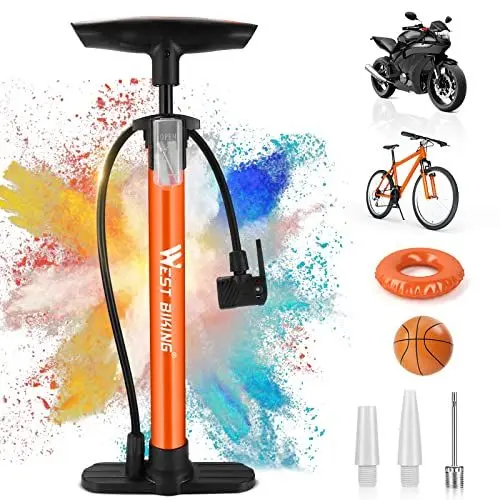 Produktbild: Fahrradpumpe Luftpumpe Fahrrad für alle Ventile - 11 Bar / 160 Psi Standluftpumpe - Standpumpe für Rennrad, E-Bike, Mountainbike - Fahrrad Pumpe für Französische Ventile und Adapter (Orange)