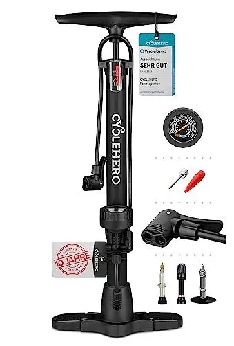 Produktbild: Fahrradpumpe alle Ventile * Test SEHR GUT - 10 Jahre GARANTIE * Leistungsstarke Luftpumpe Fahrrad– Fahrradpumpe Französisches Ventil - Standpumpe mit Manometer - Pumpe Standluftpumpe