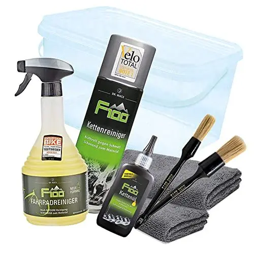 Produktbild: Fahrradreinigungs Bundle - Dr. Wack F100 Fahrradreiniger 750ml, Kettenreiniger 300ml, Kettenöl 100ml, Wascheimer ca. 6L + 2x Nuke Guys Pinsel S/L + 2x detailmate Mikrofasertuch - Für alle Fahrräder