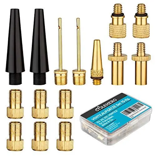 Produktbild: Fahrradventil Adapter Set 15-teilig - Premium Adapter Französisches Ventil, Autoventil Adapter und Dunlop Ventil Adapter Set - Inkl. Ballpumpe Nadeln - Praktisches Ventiladapter Set von CYCLEHERO