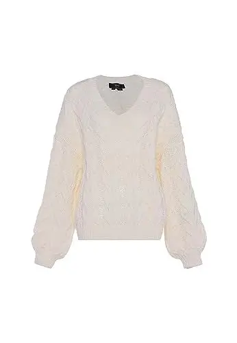 Produktbild: faina Damen Modischer Strickpullover mit V-Ausschnitt und Strukturmuster WOLLWEISS Größe XL/XXL