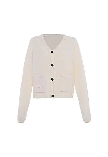 Produktbild: faina Women's Damen Modisches Cardigan Stricktop mit V-Ausschnitt WOLLWEISS Größe M/L Knit Jacket, Medium