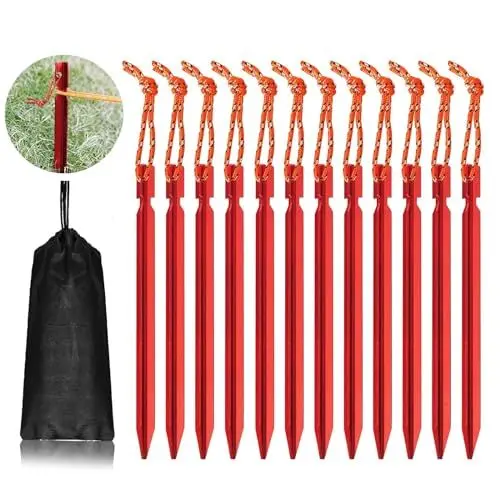 Produktbild: FAINCA 12 Stück Zeltheringe, Heringe Camping, Zeltheringe Sturmsicher, Superleicht Bodenanker, Zelt Heringe Stark, für Harte Böden Ideal, Garten, Angeln, Camping, Strand (Rot)