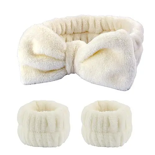Produktbild: FAINCA 3 Stücke Haarband Kosmetik, Spa Headband Skincare, Mikrofaser Abschmink Haarband, Manschette Wasserdichte Gesichtswasch Skincare Tools für Frauen (Milchig weiß)