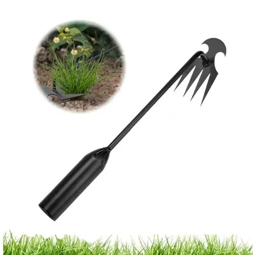 Produktbild: FAINCA 30 cm Hand Unkrautstecher, Unkraut Gartengeräte, Vier Zähne Unkraut Entferner Gerät, Harke Garten mit Stiel, Gartenhacke, zum Entfernen von Gartenunkräutern (Schwarz)