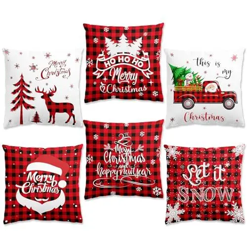 Produktbild: fairymaiden 6 Stück Kissenbezug Weihnachten, weihnachtskissenbezug 45x45cm weihnachtsdeko innen, kissenhülle Weihnachten, Rentier deko Weihnachten, Weihnachten Dekoration rot kissenbezüge Weihnachten