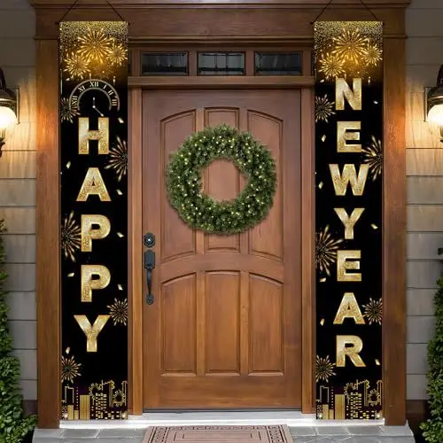 Produktbild: fairymaiden Happy New Year Banner 2025, Silvester Deko Schwarz Gold Happy New Year Party, Frohes Neues Jahr Banner, New Year Decoration Schwarz Und Gold, Willkommen Veranda Zeichen Für Eve Party 2025
