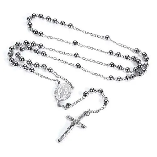 Produktbild: FaithHeart Rosenkranz Kette für Damen Herren Kreuzkette Orthodoxes Auto Rosenkranzkette Edelstahl Benedikt von Nursia Gebetskette Katholisch Halskette Rosary Necklace Religiöse Heiliger Schmuck