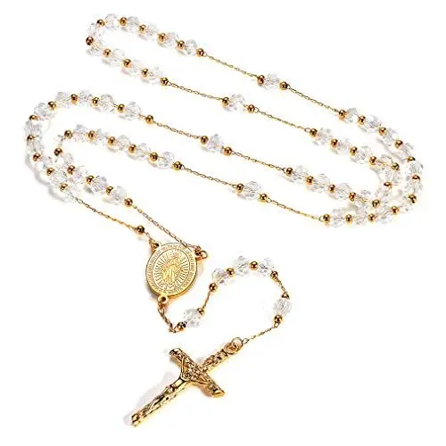 Produktbild: FaithHeart Rosenkranz Kette mit Maria Medaille Lange Rosenkranzkette Weiße Perlen Damen Kreuzkette Gold Herren Edelstahl Gebetskette Halskette Orthodoxes Kreuz Rosary Necklace Autorosenkranz Schmuck