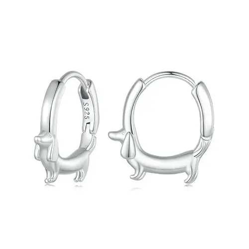 Produktbild: Fajewellery 925 Sterling Silber Creolen Dackel Hund Klein Huggie Hypoallergen Ohrringe Hundeliebhaber Schmuck Geschenk für Frauen Mädchen (Silber)
