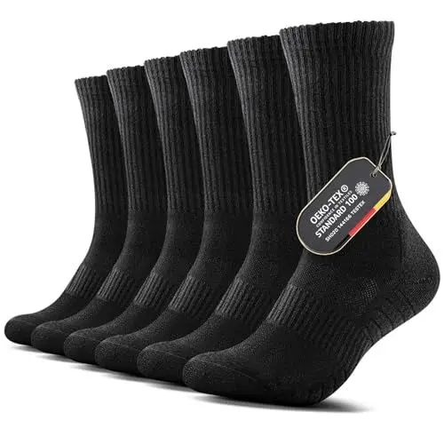 Produktbild: FALARY Sportsocken Damen 39-42 Schwarz Wandersocken Herren 43-46 Warm Baumwolle Wintersocken Tennissocken Funktionssocken Frotteesocken Compression Running Outdoor Atmungsaktiv Socken 6 Paar