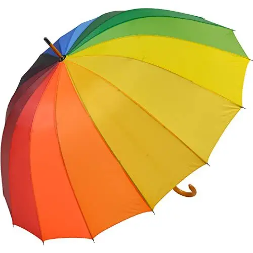 Produktbild: Falcone® 16-teiliger Regenschirm Holzstock sturmfest mit Holzgriff - Regenbogen