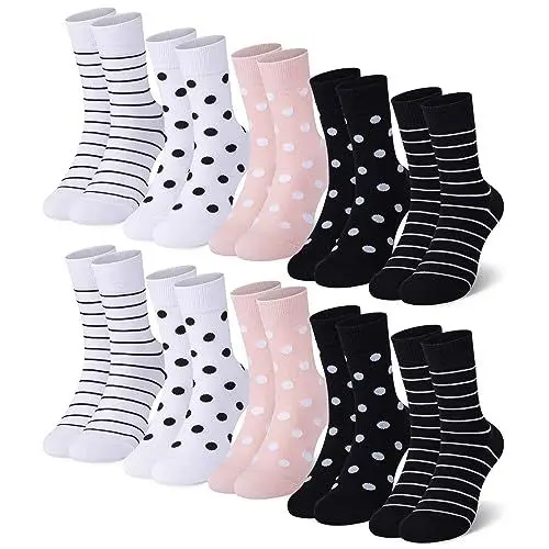 Produktbild: Falechay Socken Damen 10 Paar Mehrfarbig Mit Streifen Punkte Damensocken Baumwolle Sportsocken Schwarz-Weiß,39-42